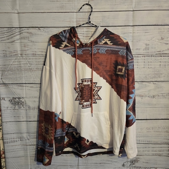 Geo print womans size large lightweight hoodie with pocket brown and cream - Picture 1 of 4